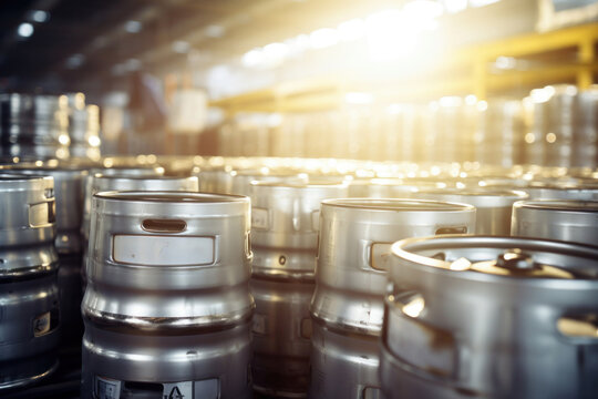 metal beer kegs, finished goods warehouse of the brewery - Powered by Adobe