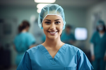 Photo of a cheerful woman in scrubs