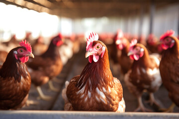 a large poultry farm, a lot of chickens walking around the poultry house - obrazy, fototapety, plakaty