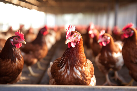 A Large Poultry Farm, A Lot Of Chickens Walking Around The Poultry House