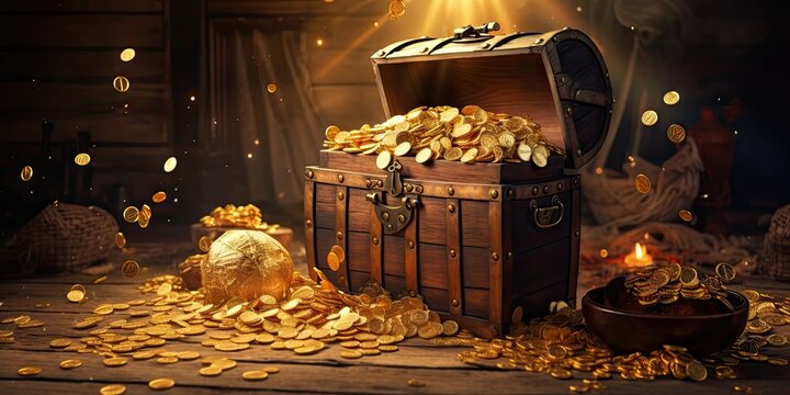 An overflowing treasure chest filled with gold coins -- antique