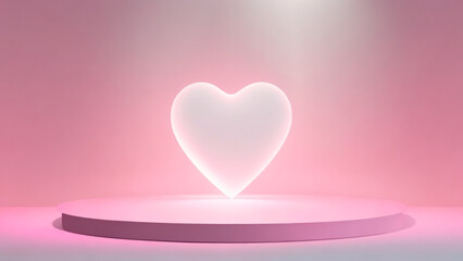 Bright heart shape pink bubble, pink podium and background, 3d render, love wedding