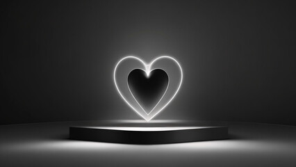 Neon heart on black background, black stage, Valentine's day background, 3D render