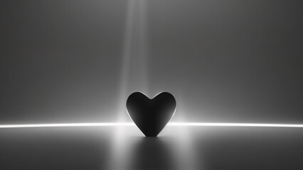 Black love heart inserted into flat surface, horizontal white beam, dark space, Valentine's Day
