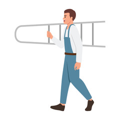 Male construction worker holding a stair and walk side view. Flat vector illustration isolated on white background