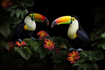 Vibrant toucans perched on lush foliage against black background. Generative AI