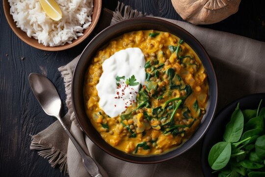 Overhead view of Nepali daal bhat with curry, lentils, yogurt, spinach, and rice. Generative AI