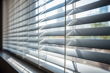 Detailed view of contemporary horizontal blinds on interior windows. Generative AI