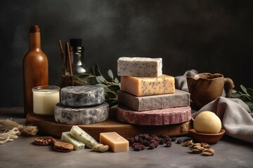 Assorted natural soap bars and ingredients on stone background. Generative AI