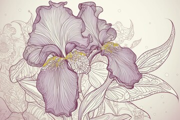Hand-drawn outline of iris bloom adorned by floral design. Generative AI