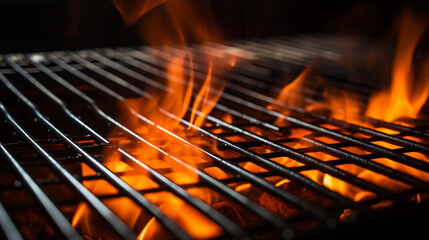 Grill Delights: Fire Flames and Empty Grid on Black Background