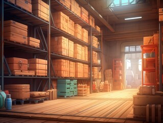 A wooden crate in front of a blurred inside a warehouse and rows of shelves in the background