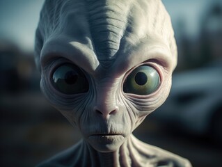 a slim grey alien with big eyes looks directly into the camera doing research in Area 51