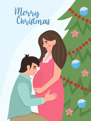 Holiday concept. Lovely pregnant woman with her husband on the background of the Christmas tree. Сozy winter vector illustration in a flat style. Pregnancy.