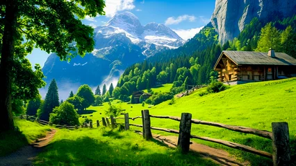 Deurstickers landscape with wooden fence next to the house in the mountains © Landscape Nature