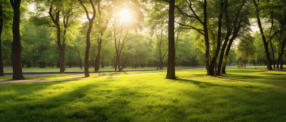 Obraz premium Beautiful panoramic landscape of park with trees and green grass field in autumn sunny morning.