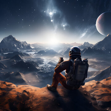 Um astronauta  sentado tomando café em outro planeta com uma paisagem de montanhas.