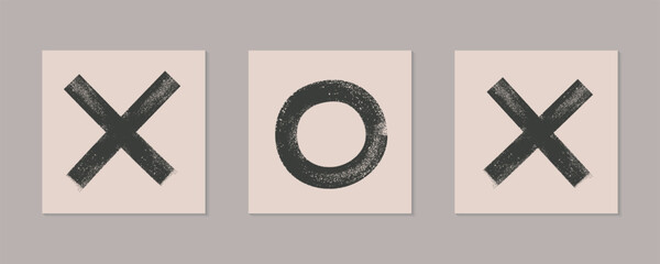 Abstract ink brush bold line geometric shapes. Grunge textured Xoxo, circle, cross symbol vector illustration poster set