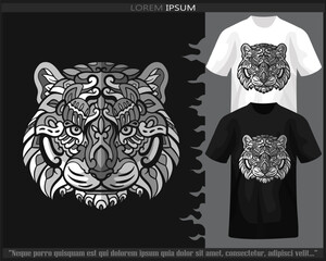 Monochrome Tiger head mandala arts isolated on black and white t shirt.