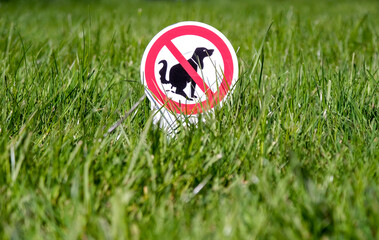 Kein Hundekot: Verbotsschild Hundeklo auf einem grünen Rasengrundstück mit dem Piktogramm eines kotenden Hundes, viel Copy Space