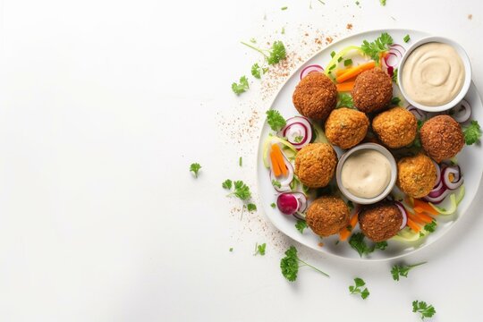 Falafel plate with tahini sauce. White background. Top view & copy space. Generative AI