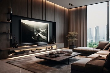 Contemporary living space featuring a wall-mounted TV cabinet and artistic decor. The striking, deep-toned background enhances the overall ambiance. Generative AI