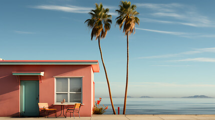 Small pink beach house - palm trees - modern style