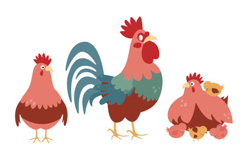 Cartoon set. Rooster, hens and chicks. Isolated on white background.