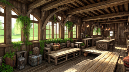 Fototapeta na wymiar Rustic concept background photorealistic fantasy indoor environment