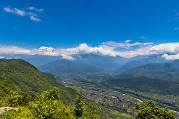 Fototapeta na wymiar Green Mountainous Landscape of Hemjakot seen from Sarangkot in Pokhara City of Nepal