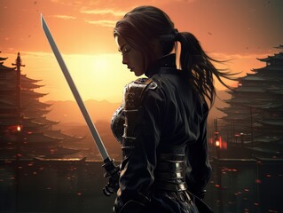 Woman warrior silhouette with samurai sword at fiery sunset in Asian style AI