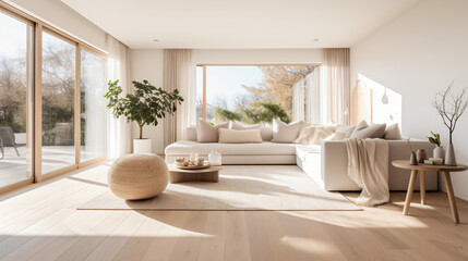 Fototapeta premium Scandinavian interior style: Natural Materials, Simple Furniture, Cozy Textiles, Natural Lights, Green Plants, Decorative Details, Warm Lighting.Generative AI