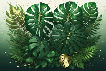 Image presenting a floral arrangement of tropical green leaves from Monstera, fern, and Eucalyptus plants, enhanced with gold glitter particles. Created with generative AI tools