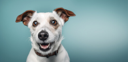 Funny studio portrait of a cute smiling  Jack Russell Terrier puppy, isolated on a blue background. Pet care concept.