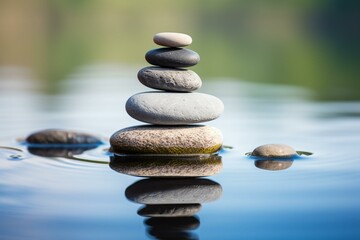 Pebbles stacked in zen balance on water with reflection. Perfect for meditation and spa concept. Generative AI