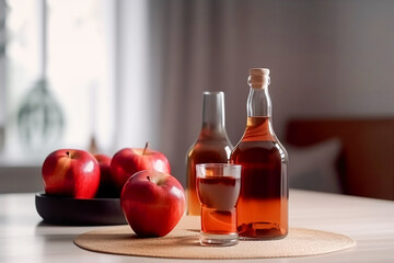 Seasonal drink cider from ripe apples, apple wine in small glasses and bottles on kitchen table