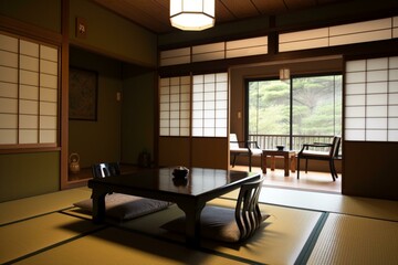 Japanese-style room with tatami mats. Generative AI