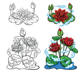 2 red lotus flower vector design with additional 2 black and white sketches, usually used for graphic design elements, banners and posters