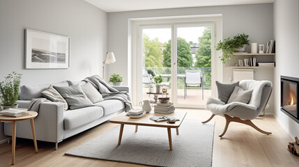 Scandinavian interior style: Natural Materials, Simple Furniture, Cozy Textiles, Natural Lights, Green Plants, Decorative Details, Warm Lighting.

Generative AI