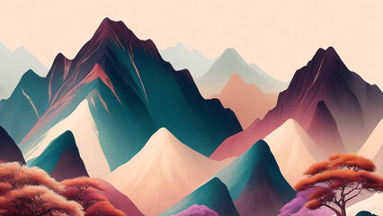 Fototapeta na wymiar red green mountain landscape, beige background, hand drawn illustration