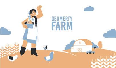 Big farm and field. Woman with harvest.