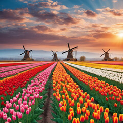 Windmill and tulips. Generative AI.