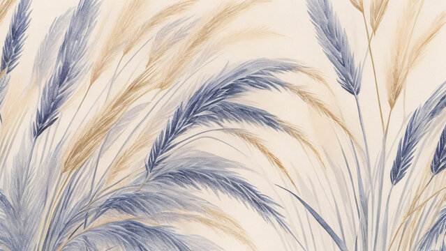 yellow blue pampas grass on a beige background, hand drawn illustration