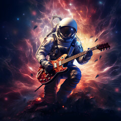 Um astronauta tocando guitarra no espaço com um fundo colorido cheio de  luzes