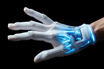 A white robotic prosthetic hand. Future technology. Generative AI.