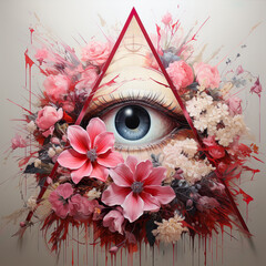 All seeing eye, illuminati symbol in triangle with light ray and pink flowers, Pink color tattoo design