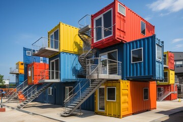 Sustainable homeless haven built from recycled containers showcasing cutting-edge tech. Generative AI