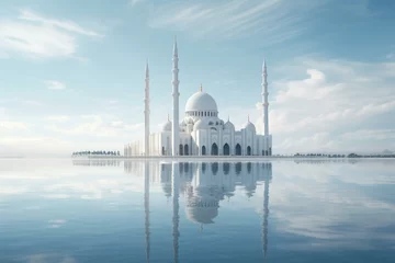 Papier Peint photo Lavable Bleu clair Tranquil scene showcasing a lone white mosque exuding purity. Generative AI