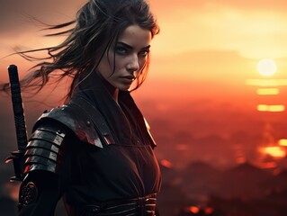 Portrait of beautiful epic warrior woman at sunset AI