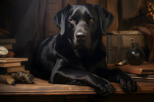 Labrador Retriever. An aristocratic black dog lies in the office on the desktop
